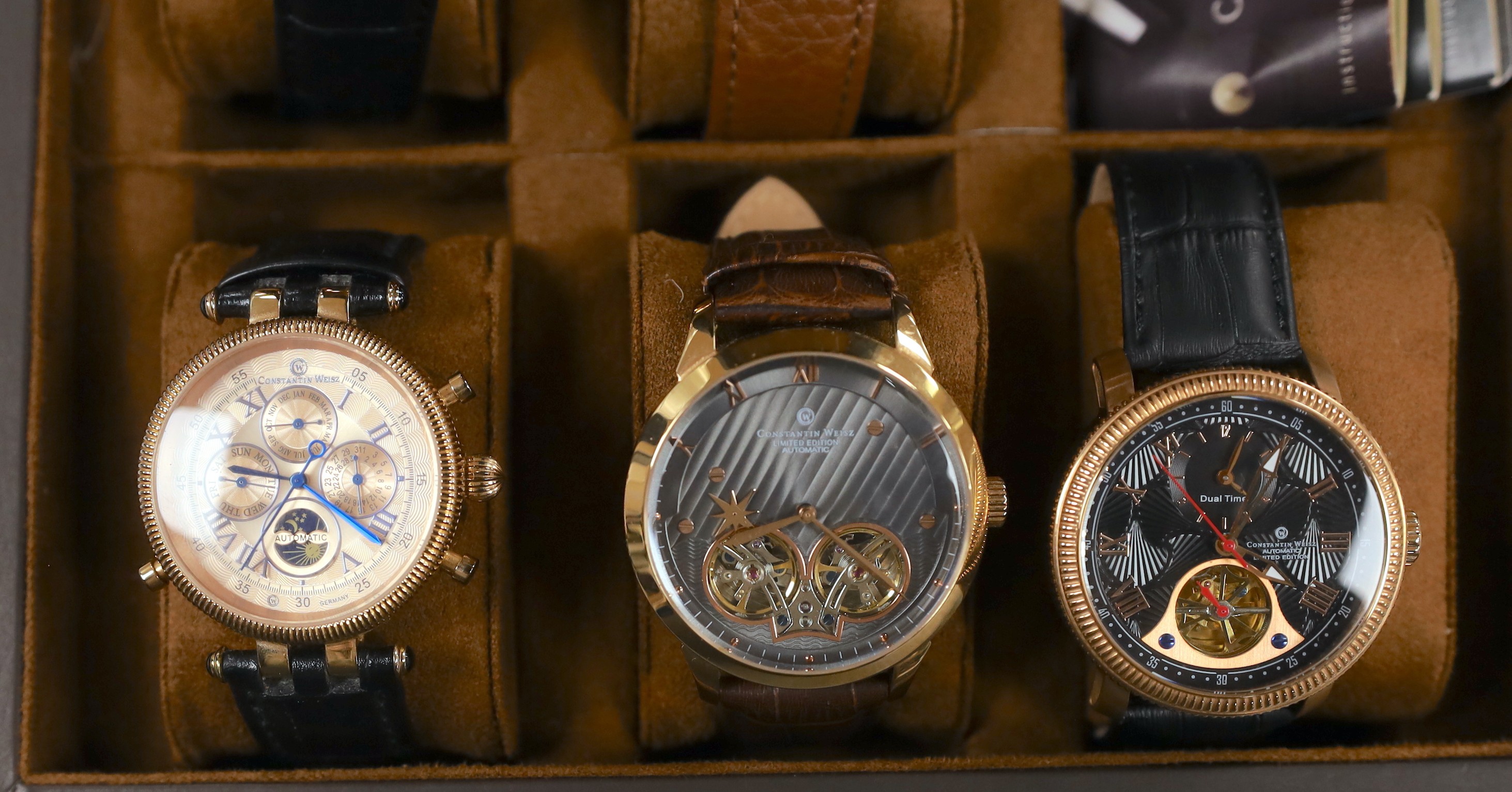Five gentleman's assorted modern steel or gilt metal Constantin Weisz wrist watches including Limited Edition and Dual Time.